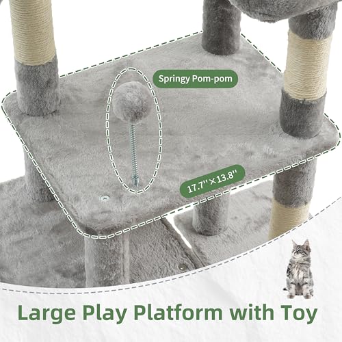 Image of Gitelsnour 55.1'' Cat Tree Tower for Indoor Cats, Large Platform, CCT013W | 7 Sisal Scratching Posts, Multi-level Cat Condo Cat Cave, 2 Padded Perches, Basket, Furry Ball, Toy, Light Gray