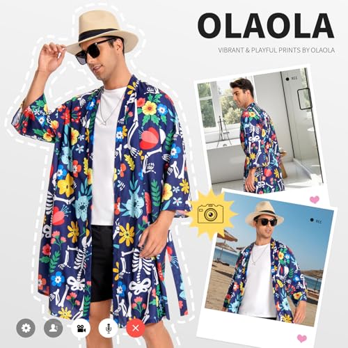 Image of OLAOLA Men Lightweight Kimono Robe with Belt Japanese Style Robe Jacket Casual Open Front Long Cardigan Cape Coat Outwear