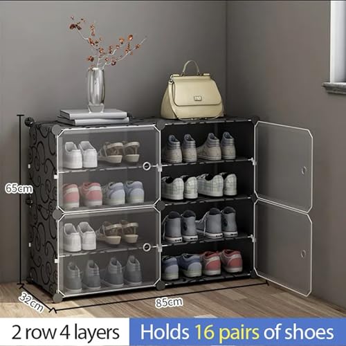Image of Zemic DIY Portable Shoe Rack for Home Plastic Shelves Household, Shelf Shoe Rack with Dustproof Door for Heels /Slippers /Boots for Entryway or Bedroom (Black, 8-Shelf-4-Door)