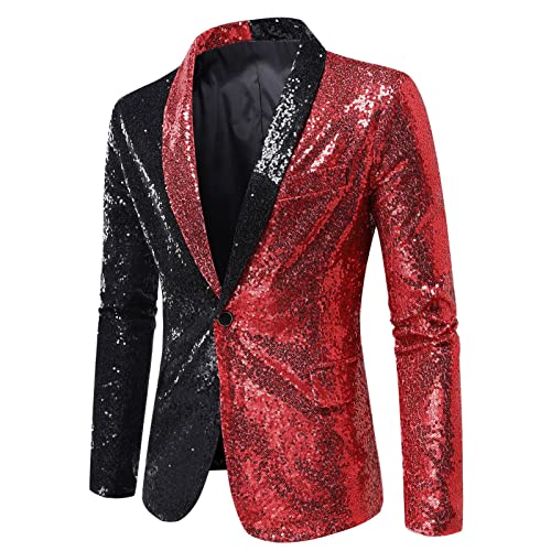 Mens Sequin Blazer Glitter Sparkly Color Block Sport Coat Wedding Cocktail Party Formal Slim Fit Suit Jacket