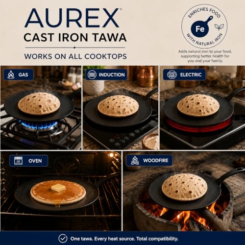 Image of Aurex Pre-Seasoned Cast Iron Tawa | 26 CM /10.2 Inch | Roti, Chapati & Paratha | Gas, Induction & All Cooktops | Naturally Non-Stick | 100% PFOA & PTFE Free, Iron-Rich Healthy Cooking, Non-Slip Handle