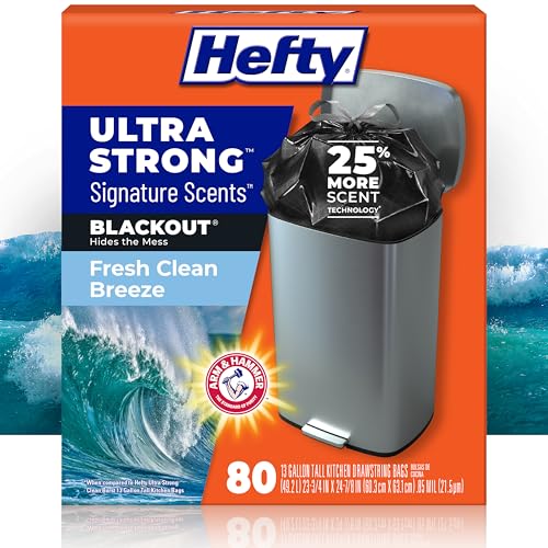 Image of Hefty Ultra Strong Signature Scents 13 Gallon Trash Bags, Fresh Clean Breeze Scent, Tall Kitchen Trash Bags with 25% More Scent Technology, Blackout, 80 Count