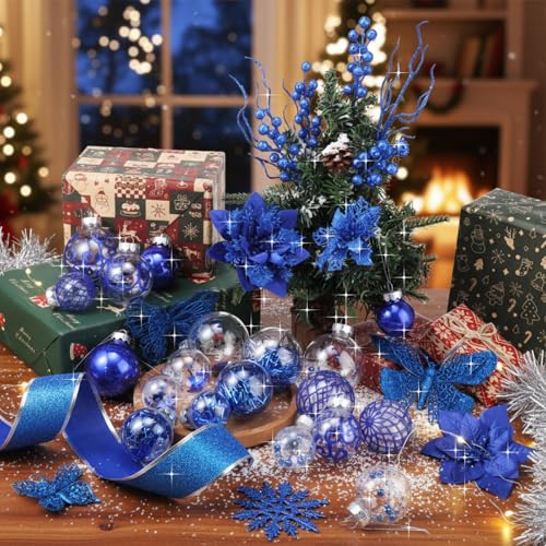 LaRandom 103 Pcs Christmas Tree Ornaments Set Shatterproof Assorted Balls with Hanging Snowflakes Artificial Poinsettia Glitter Ribbons Butterfly Berries for Xmas Holiday Wedding Decor(Blue) by LaRandom - Image 7