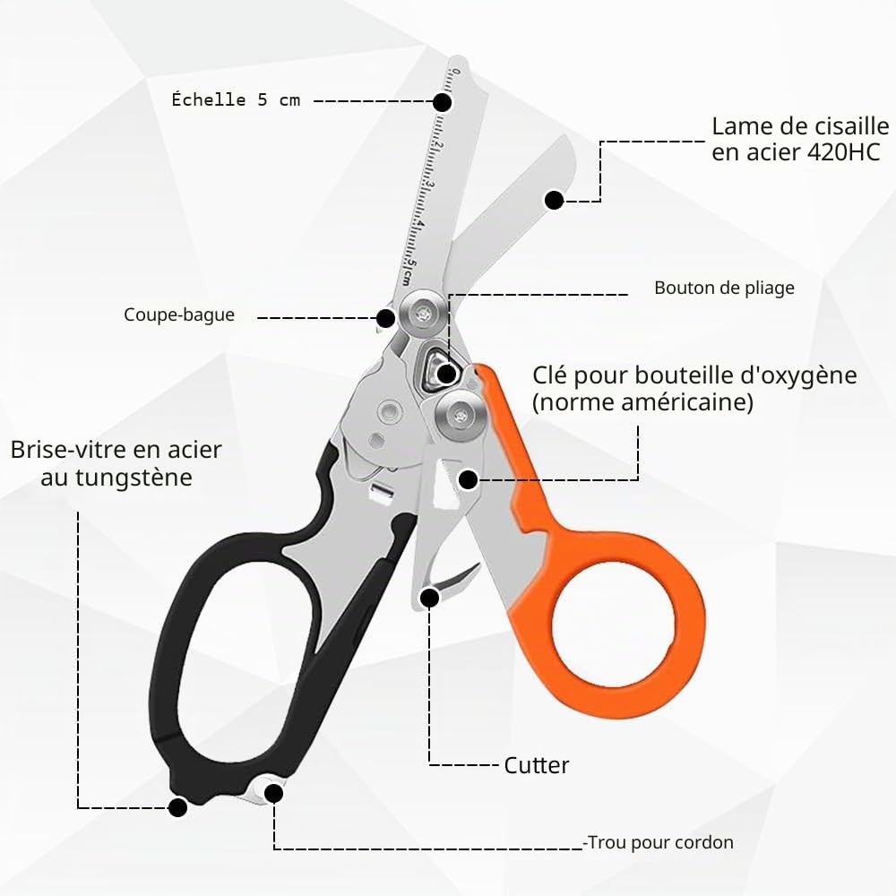 Trauma Ciseau multifonction 6 en 1 - Pince à ciseau pliable pour secouristes - Utilisation professionnelle