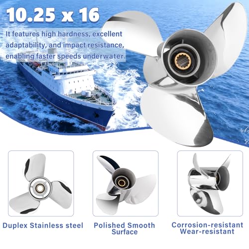 Image of 10.25 x 14 /15 /16-G Polished /Black Stainless Steel Boat Outboard Propeller for Yamaha Engines 40-60,13 Spline tooth,Rh,Semi cleaver style as original ybs prop; Fit havoc duck boat, Hunting or fishing