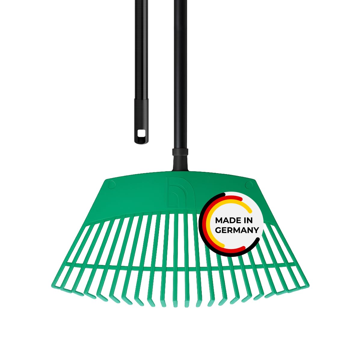 Rival Laubrechen mit stabilem schwarzem Stiel – Fächerbesen in Grün zum Auflockern & Sammeln von Laub – Robuster Laubbesen für Garten & Hof
