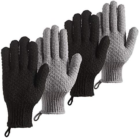 Bath Exfoliating Gloves - 4 Pcs Lengthened and Large Scrubbing Gloves for Shower, Spa, Massage - Scrub Mitts for Body, Face, Hand and Foot (Black and Gray)
