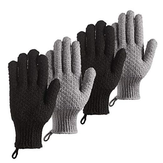 CLEEDY Bath Exfoliating Gloves Scrub - 4 Pcs (2Pairs) Lengthened and Large Exfoliating Scrubbing Gloves for Shower, Spa, Massage - Scrub Exfoliating Mitts for Body, Face, Hand and Foot (black and gray)