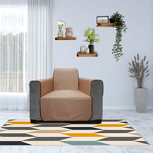 Image of DREAM KING 3 Layers 300 GSM Waterproof Reversible Sofa Cover Single Seater with Pockets | Dust Protective Soft Fabric Sofa Seat Cover Coffee & Beige