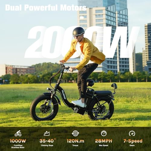 Image of Wildeway Folding Electric Bike for Adults,2000W Dual Motor Ebike 20x4.0 Fat Tire All-Terrain 28MPH,48V 32Ah /60Ah Removable Battery,7-Speed,Dual Hydraulic Disc Brake,City Commuting Delivery Bicycle
