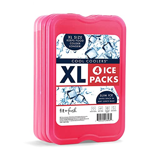 Cool Coolers by Fit + Fresh Slim Compact Reusable XL Ice Pack, Perfect for Lunch Boxes, Coolers, and Beach Bags, Pink, 4 Pack