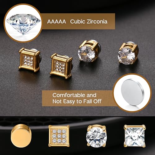 Jstyle 4 Pairs Stainless Steel Magnetic Stud Earrings for Men Women Gold CZ Non-Piercing Clip On Stud Earrings Set 6-8MM2