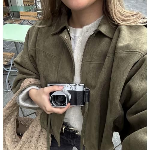 Women's Faux Suede Bomber Jacket Oversized Pilot Coats Fall Lapel Zip Up Motorcycle Streetwear Outerwear4