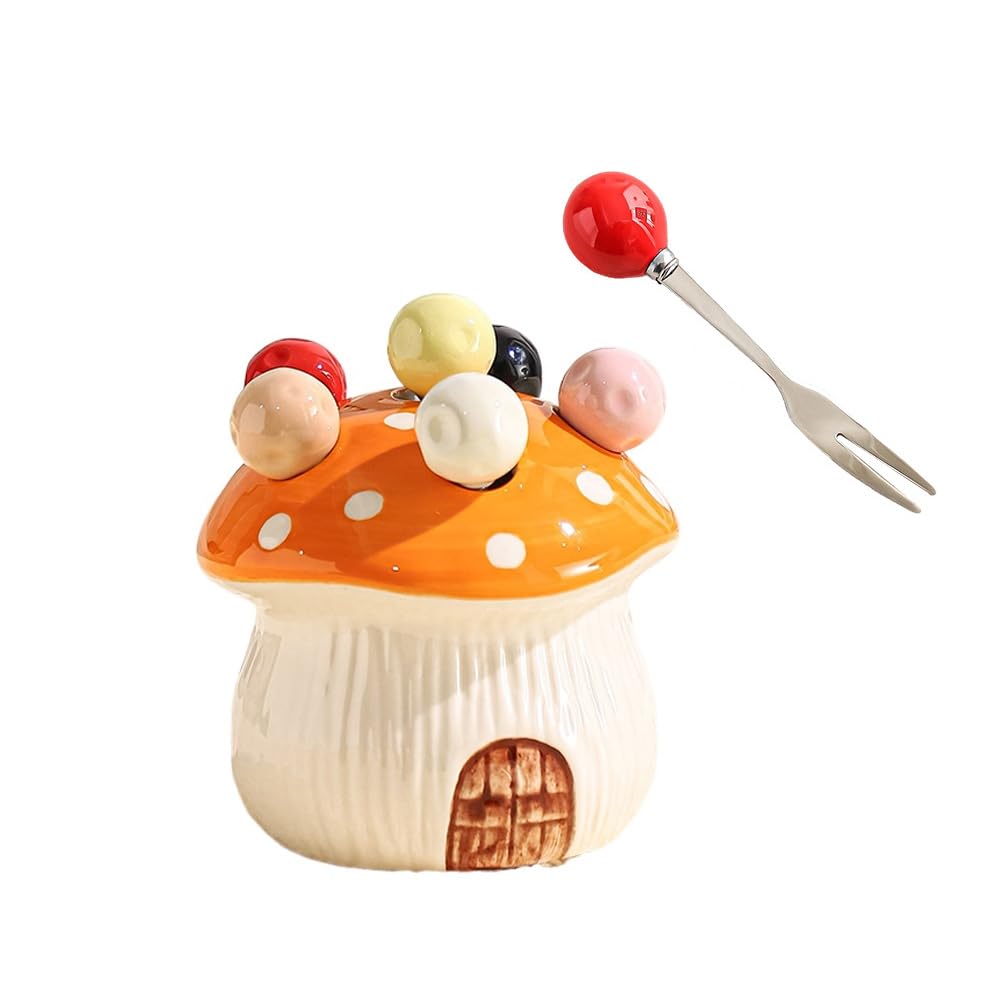 (6 Pieces) Cute Mushroom Ceramic Storage Jar Fruit Fork Household Stainless Steel Set (Orange)