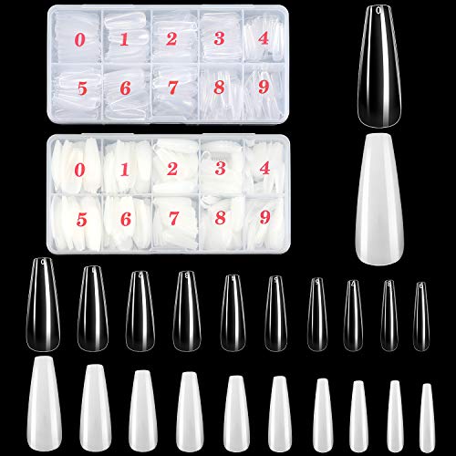 1000 Pieces Coffin Fake Nails Natural Full Cover Long Ballerina Nails Clear Acrylic Artificial Nail Tips with 2 Pieces Nail Files for Manicure Art Salons DIY, 10 Sizes