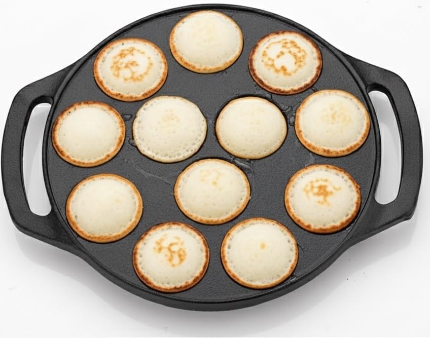 ROSTON Cast Iron Paniyaram Appam Pan Appe Ponganalu Pan Chatti Appam Maker, Cast Iron 12 Cavity Induction Base, Black