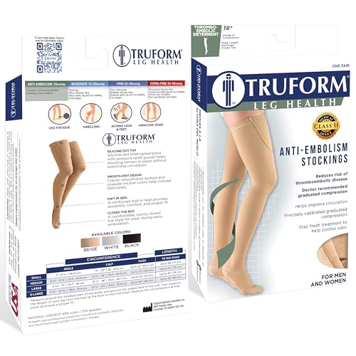 Image of Truform Surgical Stockings, 18 mmHg Compression for Men and Women, Thigh High Length, Closed Toe, Beige, Medium