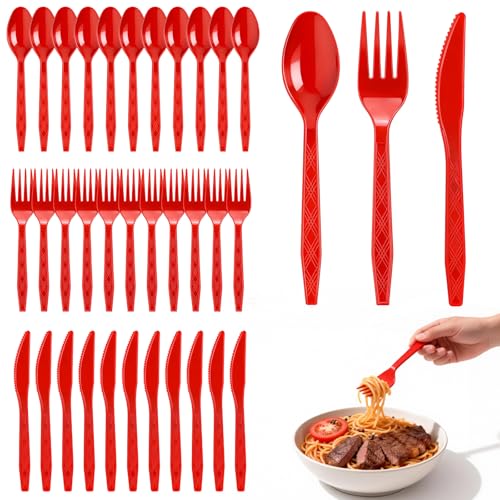 360-Pack Plastic Red Silverware Set Disposable Cutlery Set Plastic Forks and Spoons Knives Utensils Set (120 Each) for Christmas Party Valentines Day Weddings Festive Events