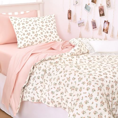 Image of Wake In Cloud - Floral Comforter Set, Coquette Cottagecore Aesthetic Flower Shabby Chic Pattern for Women Teen Girls, Soft Lightweight Bedding, 3 Pieces, Peach Blush, Twin /Twin XL Size