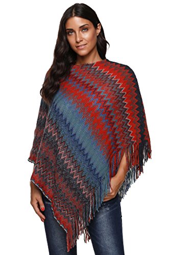 SherryDC Women's Zig-Zag Knit Tassel Fringed Pullover Poncho Sweater Cape Shawl Wrap