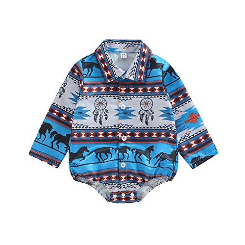 Image of Karuedoo Western Baby Boy Clothes Cow Print Shirt Romper Infant Long Sleeve Button Down Bodysuit Onesie Gentleman Outfit (E Blue White, 3-6 Months)