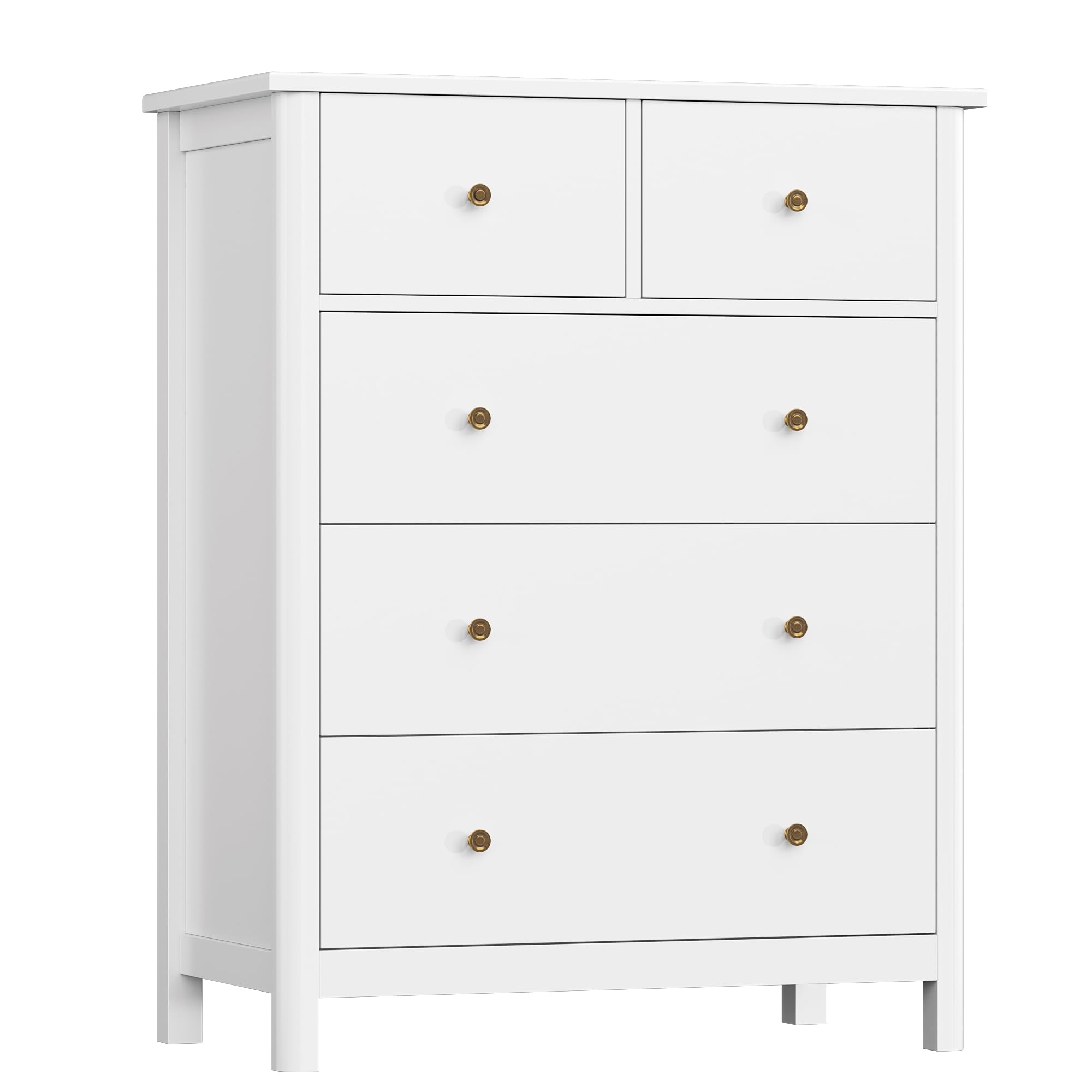 HOUSUIT White Dresser with 5 Drawers, Tall Chest of Drawers, 5 Drawer Dresser with Deep Space, Wood Storage Cabinet for Living Room, Hallway, Office, White