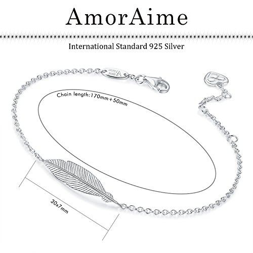 AmorAime 925 Sterling Silver Bracelet for Women Lucky Simple Feather Bracelets Love for Festival, Vacation or Holiday2