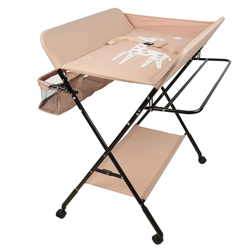 OHMG Fasciatoio pieghevole per bambini, fasciatoio con ruote, fasciatoio mobile con fasciatoio, cintura di sicurezza e scomparti, impermeabile e regolabile in altezza, stabile