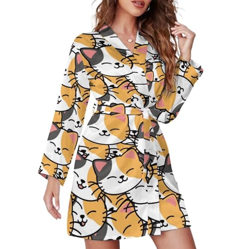 TZTTZT Bata corta de manga larga para mujer, linda caricatura sonriente con cara de gato sonriente, bata de baño suave con cinturón, ropa de dormir, Negro, M