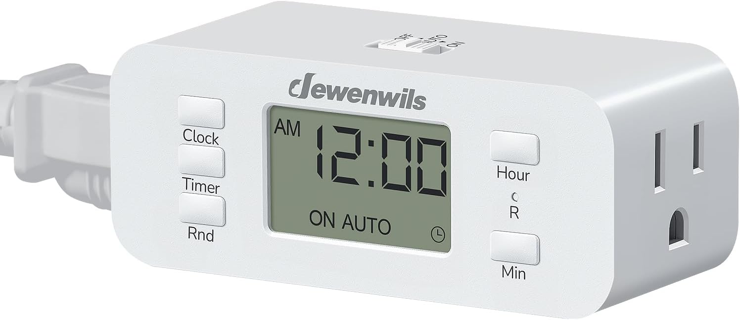 DEWENWILS 24 Hour Programmable Digital Timer Outlet, Timers for Electrical Outlets, Indoor Light Timers for Lamp Fan Aquarium, 2 Grounded Outlet, 125V/15A Resistive/1000W Tungsten, 3 Prong, 1 Pack