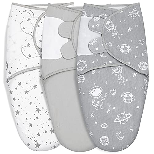 Image of GLLQUEN BABY Organic Newborn Swaddles Sleep Sack, Gray Starry Sky & Astronaut, Swaddle Blankets for Baby Boy, 3 Pack Adjustable Wrap Set, 0-3 Months (Small/Medium)
