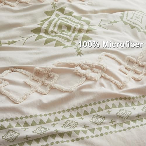 Image of Oli Anderson Boho Duvet Cover Set Twin Size, Beige and Sage Green Color Clash 2 Pieces Microfiber Bedding Set, Durable and Super Soft Duvet Covers with Zipper and Ties, 68 inch*90 inch