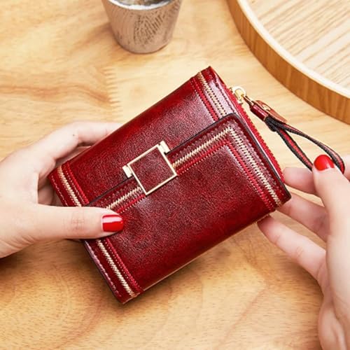 Fashion Wallet for Women - Retro Oil Wax PU Leather Multi-Card Zipper Short Clutch with Snap Closure (Wine Red)2
