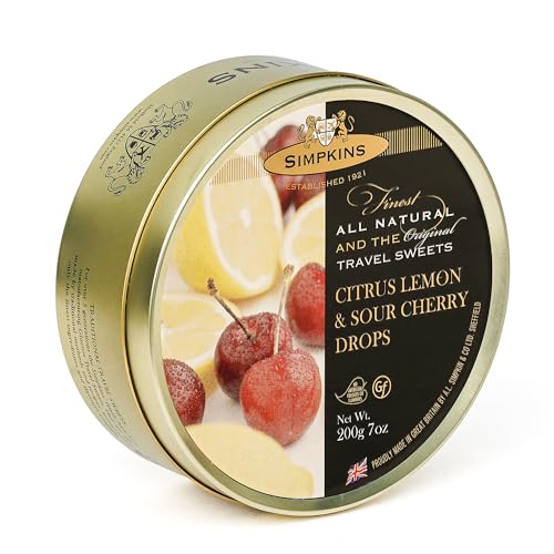 Simpkins Citrus Lemon & Sour Cherry Drops 200 gm | Confectionery made by traditional methods | Handy Travel Tin | Uses only natural colours and flavour | Soothing Effect | Vegetarian