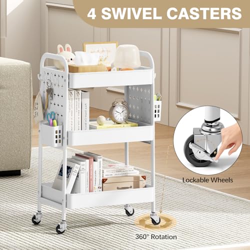 Image of KINGRACK 3 Tier Rolling Cart with DIY Pegboard, Metal Utility Cart with Wheels, Hooks & Baskets, Sturdy Storage Organizer for Craft, Bathroom, Kitchen, Office, Nursery, Classroom (White)