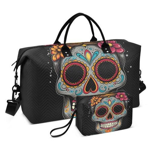 Large Travel Duffel Bag, Silly Orange Flower Skull Sports Tote Gym Bag, Shoulder Weekender Overnight Bag for Women Men, Carry On Luggage with Toiletry Bags