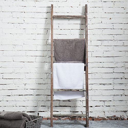 MyGift 4.5-Foot Wall-Leaning Ladder-Style Torched Wood Blanket Rack