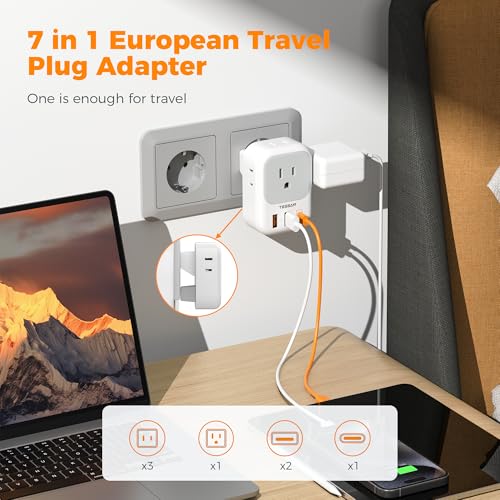 Image of TESSAN European Travel Plug Adapter 2 Packs, Type C Europe Adaptor Foldable Plug 4 Outlets 3 USB(1 USB C PD 20W), US to Spain France Italy Germany Denmark Iceland European Travel Must Haves