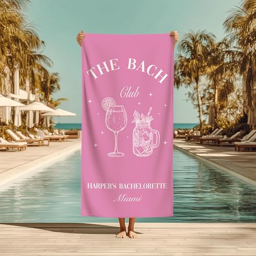 Personalized Bachelorette Beach Towel The Bach Club Custom Name Miami Destination Gift Pink and White Cocktail Graphic Microfiber Large Absorbent Towel for Bridal Party Girls Trip