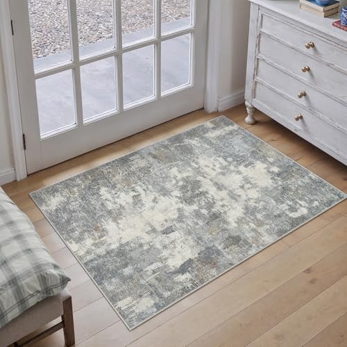FußMatte 60x90 cm Blau-Grau Abstraktes Teppich, Schlafzimmer Waschbare Kurzflor Boho Carpet,Langlebig und Pflegeleicht, Orientalisch Ethno Muster, Balkon Wintergarten Rug Abstrakt | Blau-gra