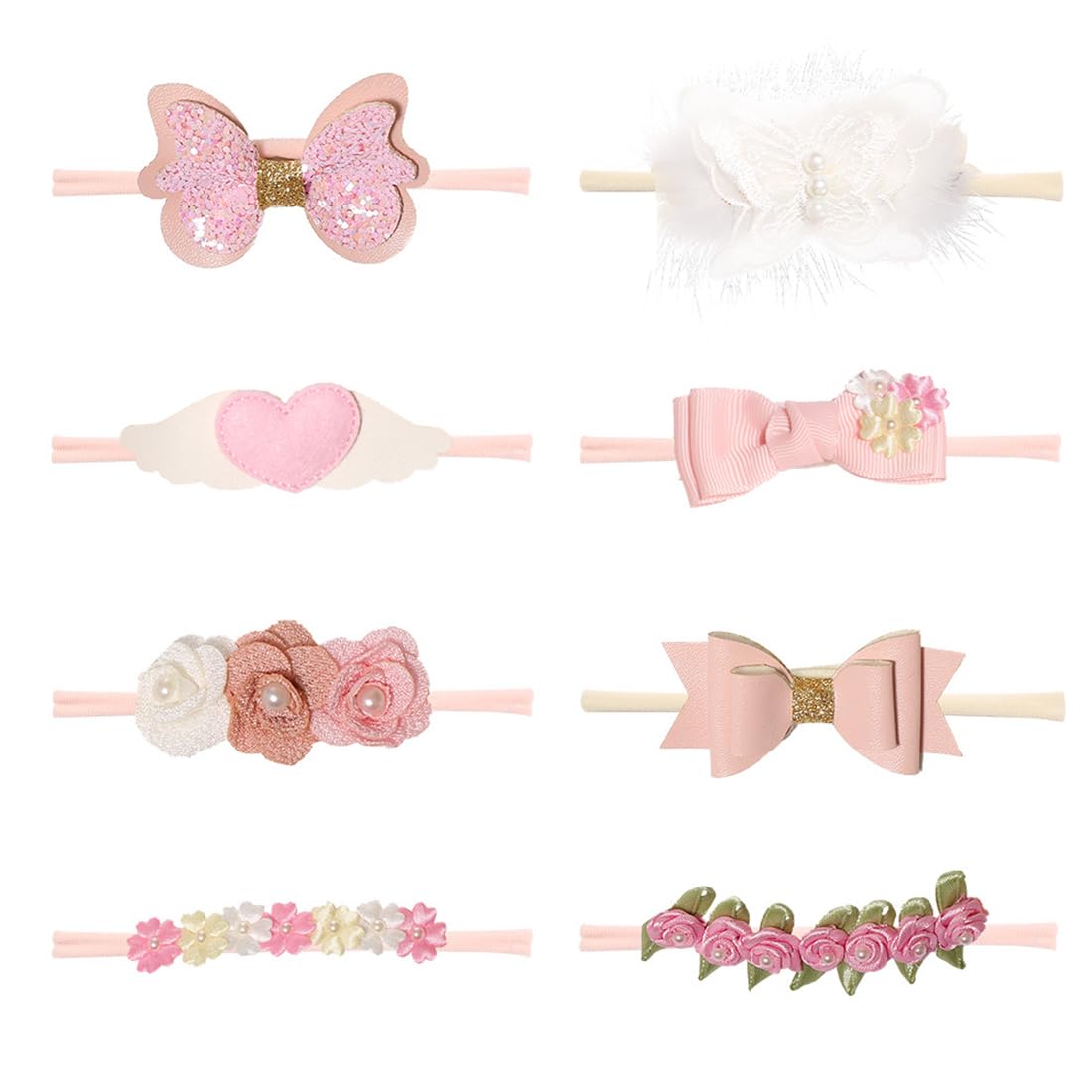 ZKSXOA 8 Pcs Baby Girls Headbands Soft Elastic Nylon Bow Flower Hair Bands Scrunchies Hair Accessories for Newborn Toddlers Kids