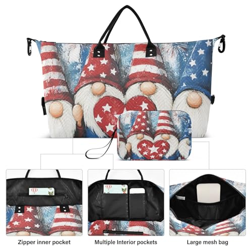 Cute Gnomes with American Flag Pattern Travel Duffle Bag, Large Weekender Overnight Bags for Women Men Waterproof Carry on Shoulder Tote Bags for Hospital Maternity Mommy Gym with Toiletry Bag2