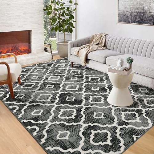 GlowSol Area Rug 8x10 Washable Rug Large Modern Trellis Rug Geometric Neutral Soft Grey Rug for Living Room Bedroom Dining Room Non Slip Stain-Resistant Carpet for Home Office Decor