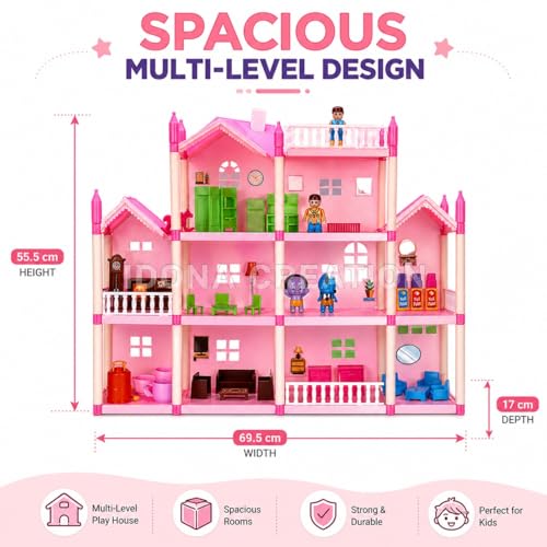 Image of DIY Doll House for Girls, 201 Pieces Multi-Level Play House with Furniture, Bedroom Kitchen Bathroom Living Room Set, Educational Pretend Play Toy for Kids Age 3+ Years, Pink