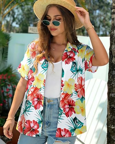 Image of Women Hawaiian Shirt Button Down Summer Tops Beach Short Sleeve Blouse