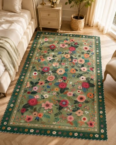 Image of RD TREND Carpet for Hall Digital Printed Carpet for Living Room 52x84 inch | Anti Slip Backing Rug for Bedroom Floor & Home Decor | Green Flower