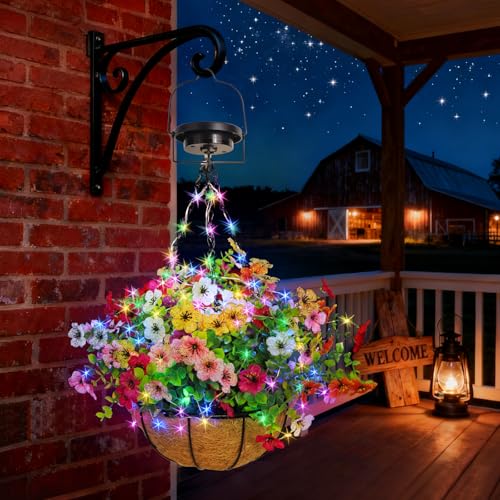 GOESWELL Solar Hanging Flowers Basket: 7Pcs Faux Silk Flower with Baskets - UV Resistant...