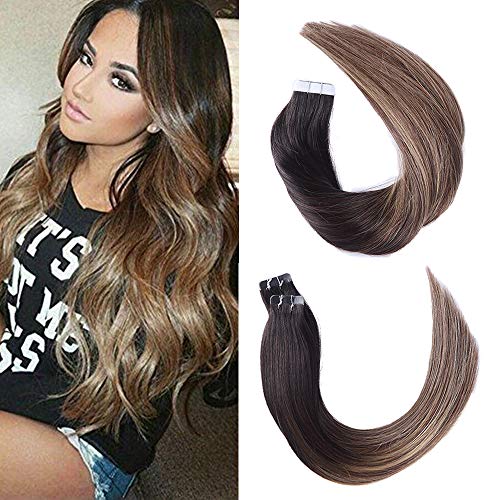 20" Russian Balayage Tape In Hair Extensions Human Hair Color 1B Fading to #6 and #27 100% Remy Hair Extensions Straight Glue in Hair Extensions 20pcs 50G Per Package