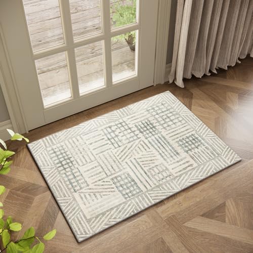 Image of Non-Slip Washable Entry Rug 2x3 Abstract Geometric Textured Brushstroke - Neutral Gray & Light Blue Modern Minimalist Hallway Runner Rug, Decorative Carpet for Living Room Bedroom Home Decor