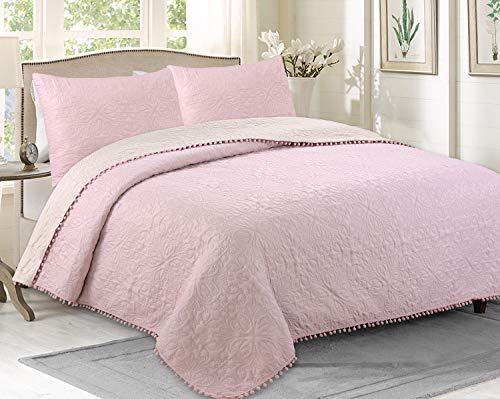 HaraDeco Colcha Pompones Rosa Cama 90/105, Fina Termosellado Microfibra con Funda Almohada(Pompon Rosa, Cama 90)